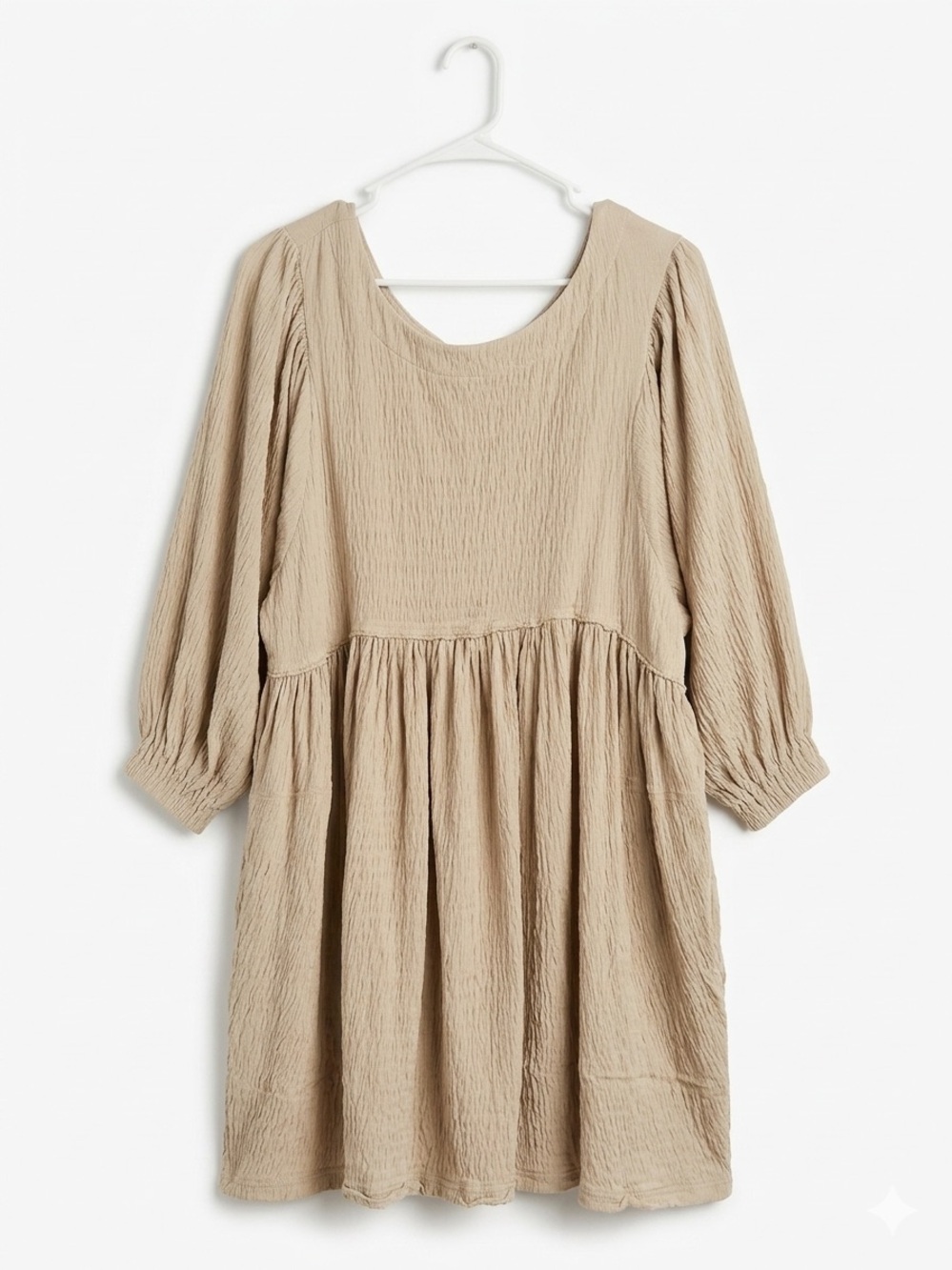 FP Beach Free People Beige Textured Babydoll Mini Dress Large Boho Pockets